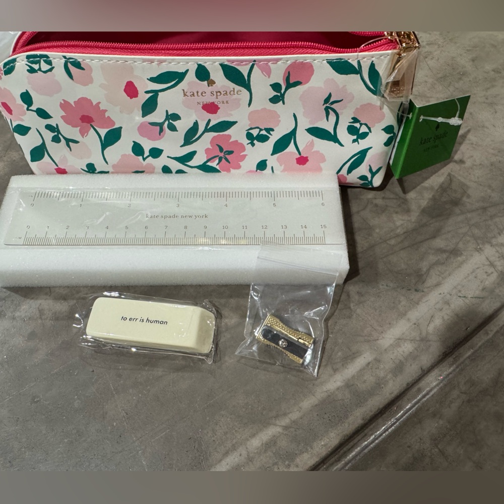 Kate Spade Pink & Green Floral pencil pouch, includes ruler Eraser, & sharpener.